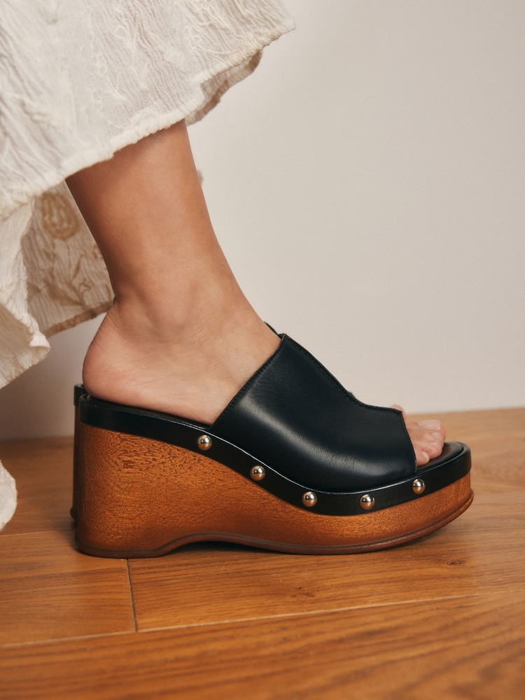 Black Signature Premium Leather Round Peep Toe Stud Plaform Clog Wegdes - Image 2 of 3