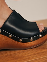 Black Signature Premium Leather Round Peep Toe Stud Plaform Clog Wegdes - Image 3 of 3
