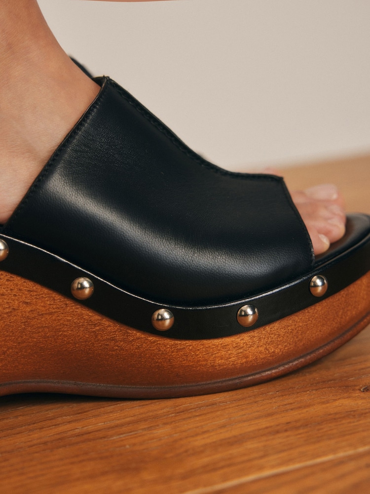 Black Signature Premium Leather Round Peep Toe Stud Plaform Clog Wegdes - Image 3 of 3