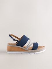 Navy Blue Standard/Wide Fit Forever Comfort® Leather Bling Detail Slingback Sports Wedge Sandals - Image 2 of 6