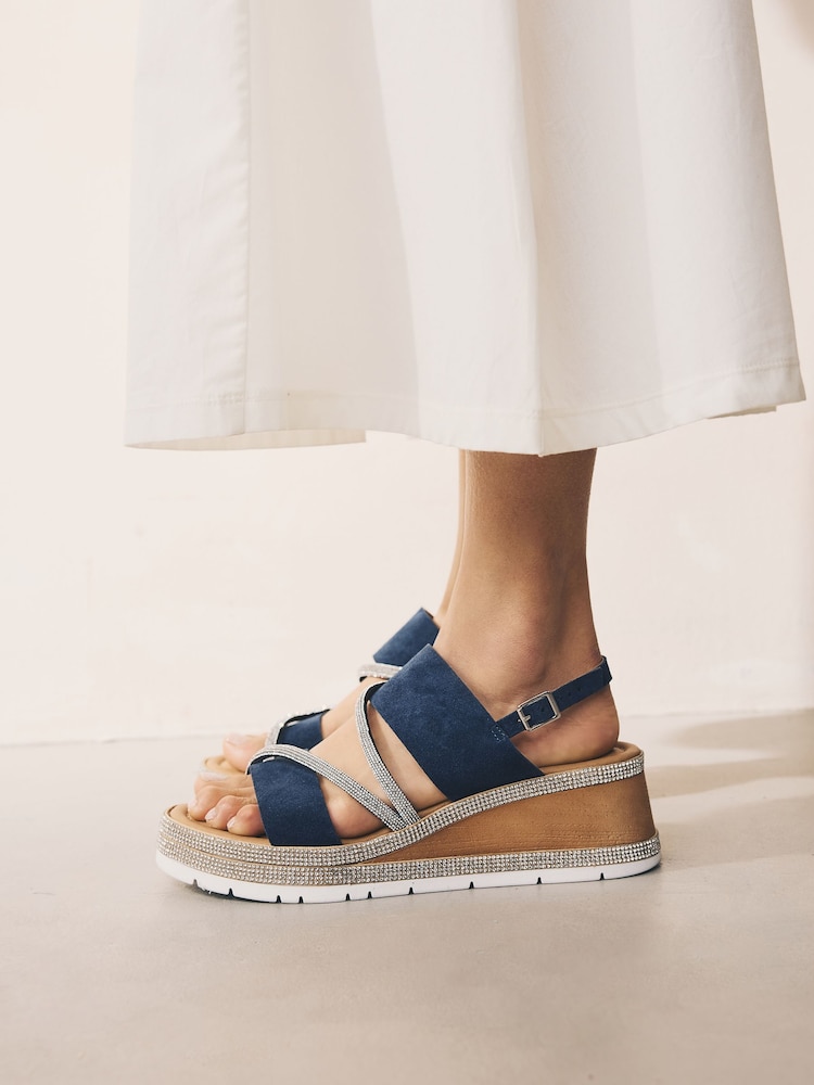 Navy Blue Standard/Wide Fit Forever Comfort® Leather Bling Detail Slingback Sports Wedge Sandals - Image 3 of 9