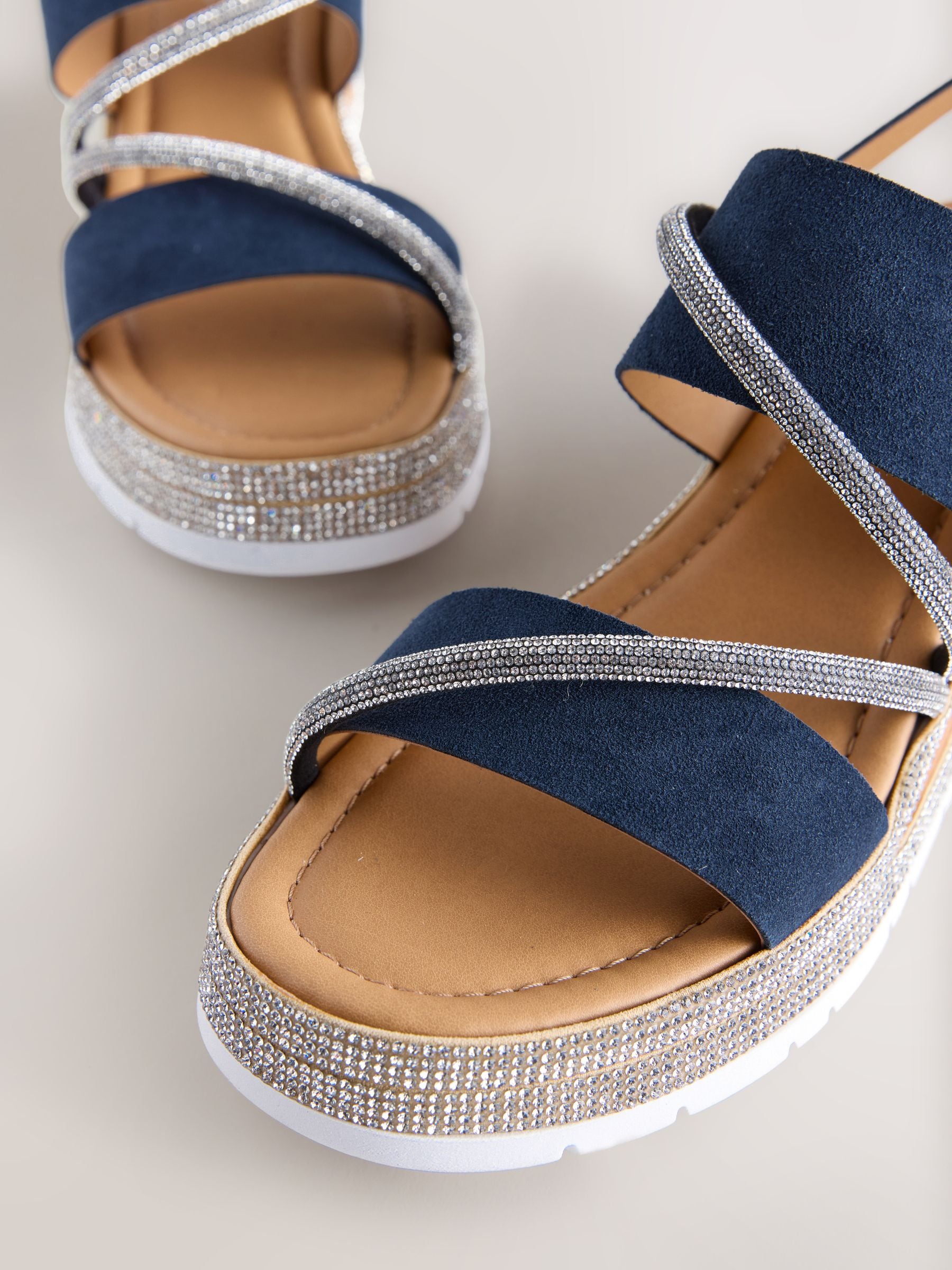 Buy Navy Blue Standard/Wide Fit Leather Bling Detail Slingback