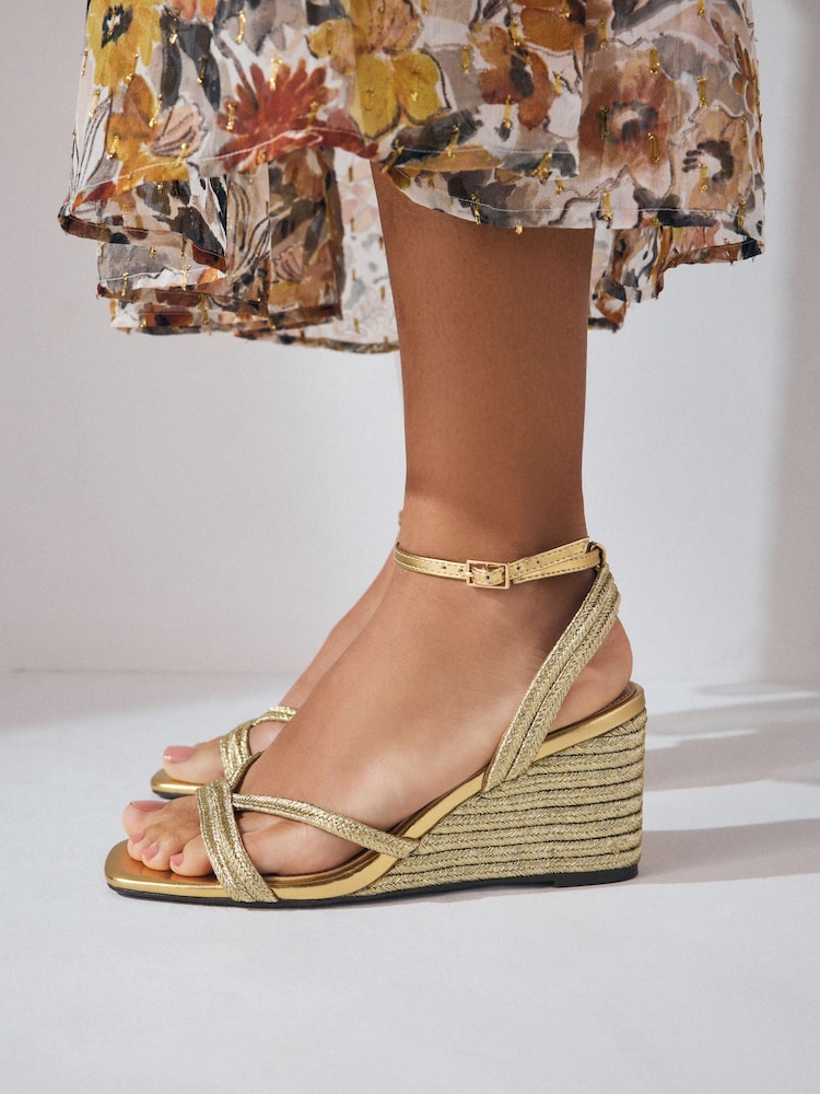 Gold Forever Comfort® Square Toe Strappy Espadrille Wedges - Image 1 of 4