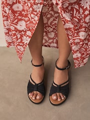 Black Forever Comfort® Leather Round Toe Ruched Detail Cork Wedge Heels - Image 2 of 9