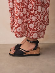 Black Forever Comfort® Leather Round Toe Ruched Detail Cork Wedge Heels - Image 4 of 9