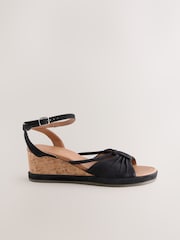 Black Forever Comfort® Leather Round Toe Ruched Detail Cork Wedge Heels - Image 5 of 9