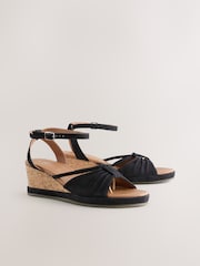 Black Forever Comfort® Leather Round Toe Ruched Detail Cork Wedge Heels - Image 6 of 9