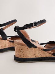 Black Forever Comfort® Leather Round Toe Ruched Detail Cork Wedge Heels - Image 7 of 9