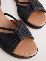 Black Forever Comfort® Leather Round Toe Ruched Detail Cork Wedge Heels - Image 8 of 9