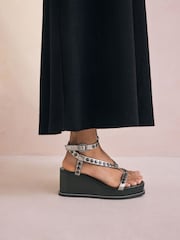 Pewter Forever Comfort® Leather Square Toe Hardware Detail Strappy Wedges - Image 1 of 10