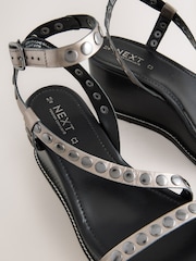 Pewter Forever Comfort® Leather Square Toe Hardware Detail Strappy Wedges - Image 10 of 10