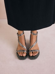 Pewter Forever Comfort® Leather Square Toe Hardware Detail Strappy Wedges - Image 2 of 10