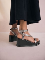 Pewter Forever Comfort® Leather Square Toe Hardware Detail Strappy Wedges - Image 4 of 10
