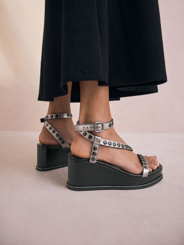 Pewter Forever Comfort® Leather Square Toe Hardware Detail Strappy Wedges - Image 4 of 10