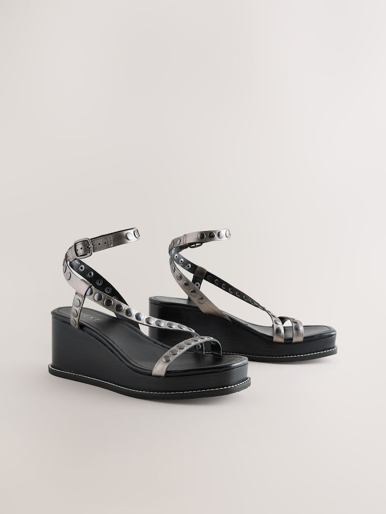 Pewter Forever Comfort® Leather Square Toe Hardware Detail Strappy Wedges - Image 6 of 10