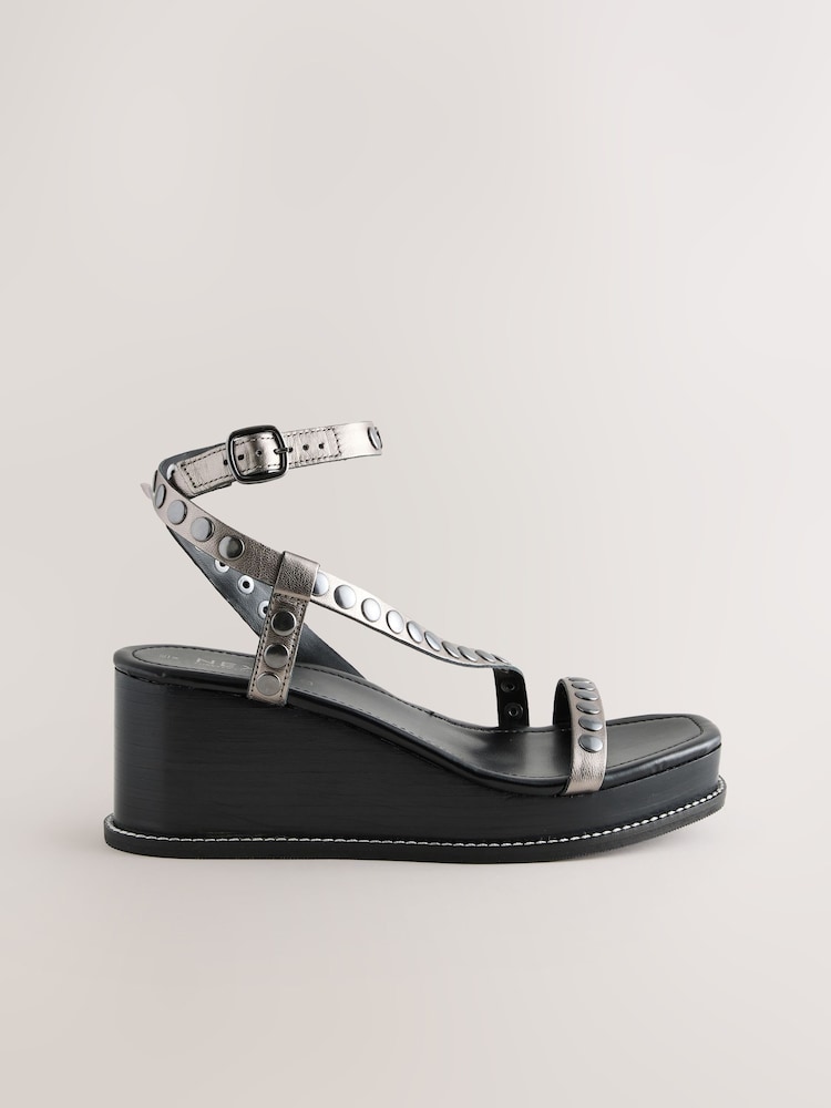Pewter Forever Comfort® Leather Square Toe Hardware Detail Strappy Wedges - Image 7 of 10