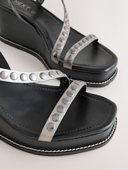 Pewter Forever Comfort® Leather Square Toe Hardware Detail Strappy Wedges - Image 8 of 10