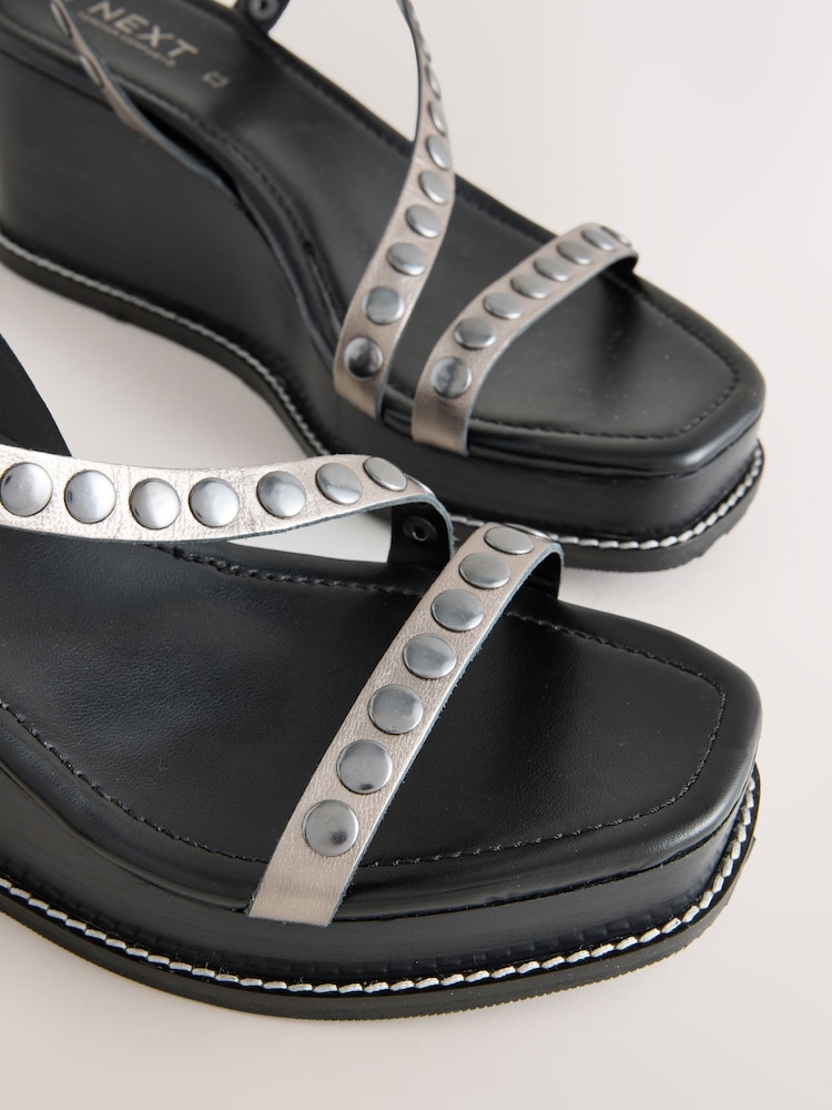 Pewter Forever Comfort® Leather Square Toe Hardware Detail Strappy Wedges - Image 8 of 10