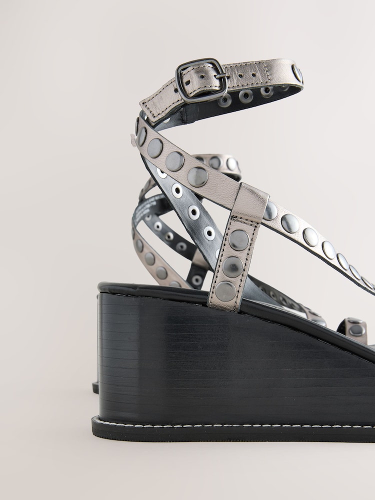 Pewter Forever Comfort® Leather Square Toe Hardware Detail Strappy Wedges - Image 9 of 10
