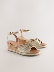 Gold Forever Comfort® Leather Round Toe Ruched Detail Cork Wedge Heels - Image 1 of 5
