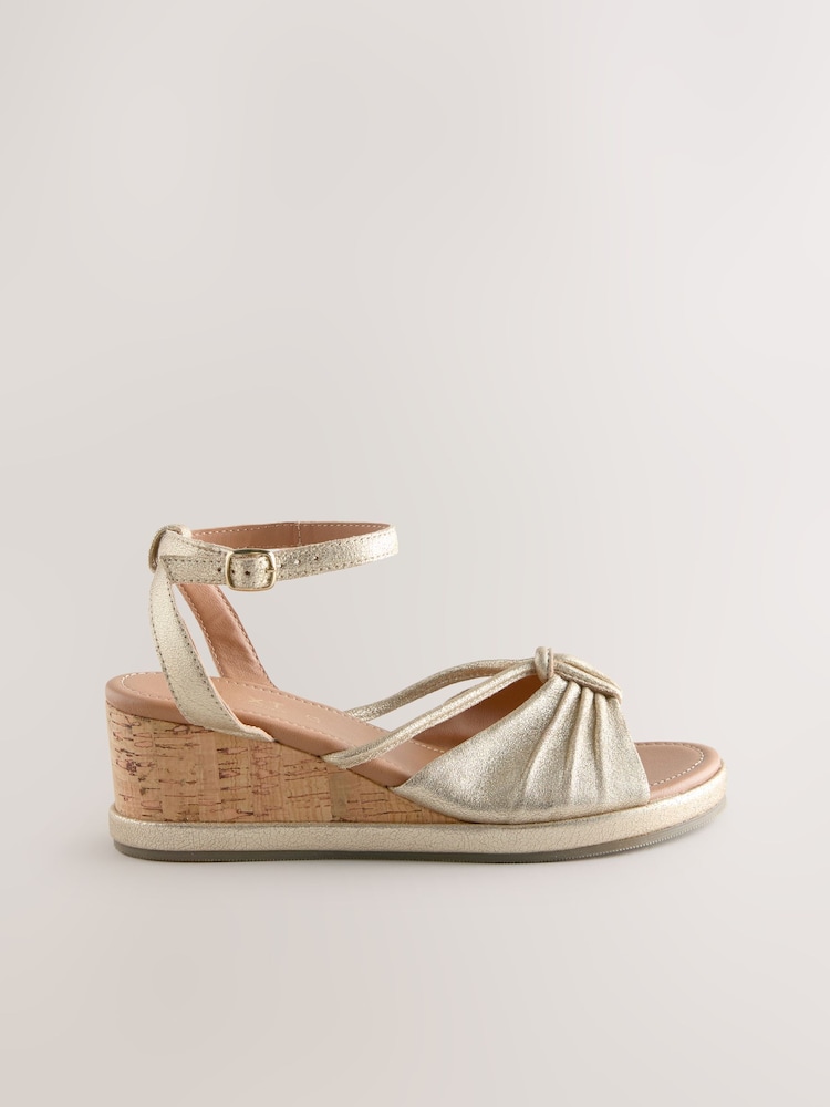 Gold Forever Comfort® Leather Round Toe Ruched Detail Cork Wedge Heels - Image 2 of 5