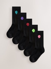 Black Smiley Cushioned Footbed Cotton Rich Ribbed Socks 5 Pack - Image 1 of 9