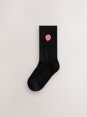 Black Smiley Cushioned Footbed Cotton Rich Ribbed Socks 5 Pack - Image 4 of 9