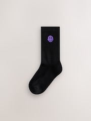 Black Smiley Cushioned Footbed Cotton Rich Ribbed Socks 5 Pack - Image 7 of 9