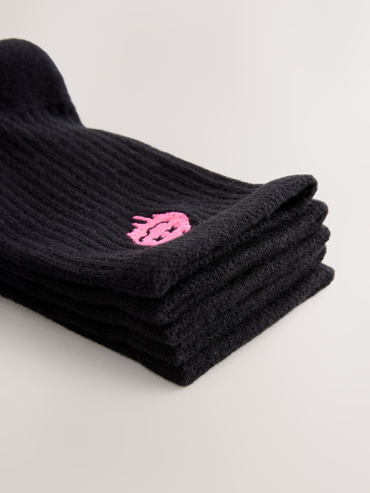 Black Smiley Cushioned Footbed Cotton Rich Ribbed Socks 5 Pack - Image 9 of 9