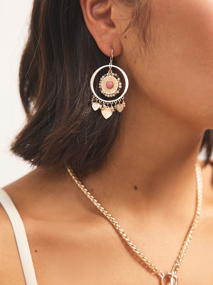 Gold Tone Beaded Disc Drop Earrings - Image 1 of 5