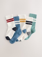 Ecru/Blue/Mineral Cushioned Footbed Cotton Rich Ribbed Tipped Socks 5 Pack - Image 1 of 9