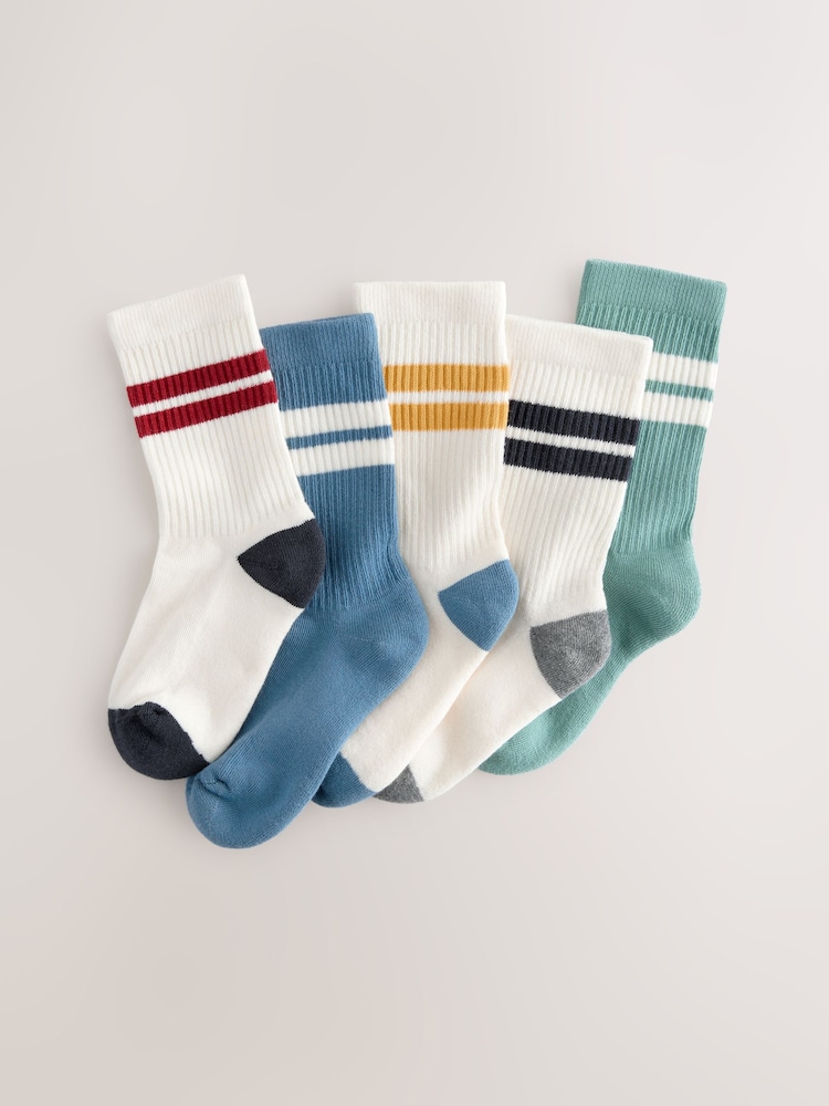 Ecru/Blue/Mineral Cushioned Footbed Cotton Rich Ribbed Tipped Socks 5 Pack - Image 1 of 9