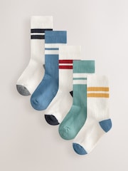Ecru/Blue/Mineral Cushioned Footbed Cotton Rich Ribbed Tipped Socks 5 Pack - Image 2 of 9
