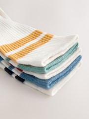 Ecru/Blue/Mineral Cushioned Footbed Cotton Rich Ribbed Tipped Socks 5 Pack - Image 8 of 9