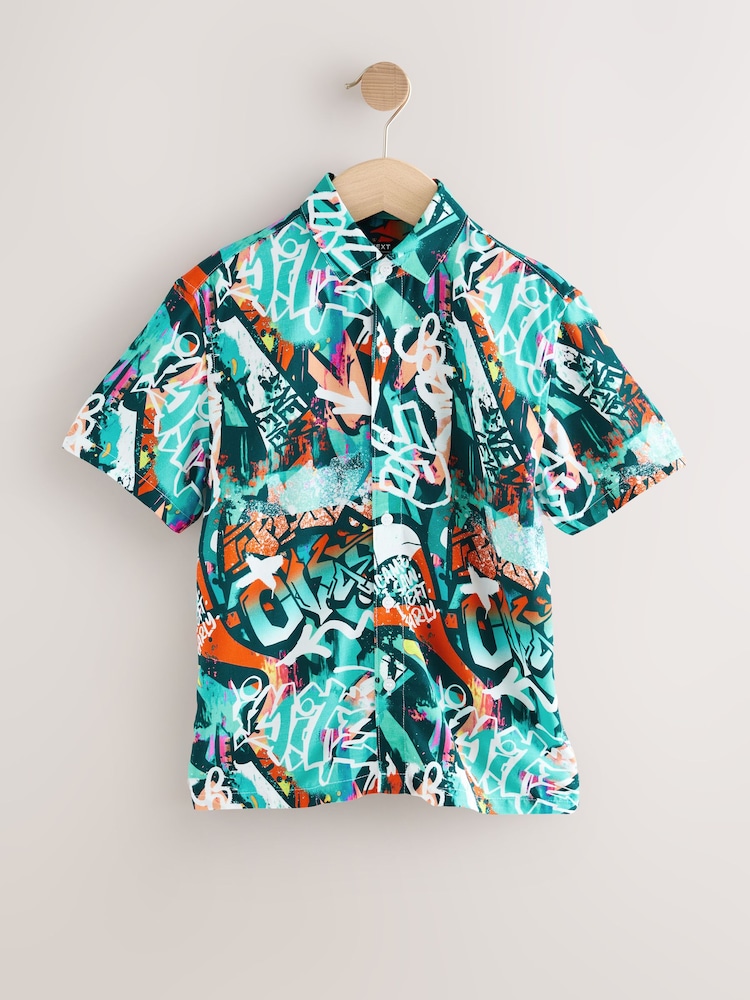 Teal Blue Short Sleeve Printed Shirt (3-16yrs) - Image 1 of 4