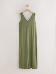 Khaki Green Front Split V-Neck Dress - Image 1 of 3