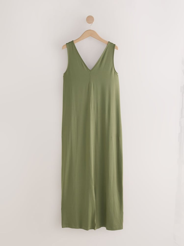 Khaki Green Front Split V-Neck Dress - Image 1 of 3