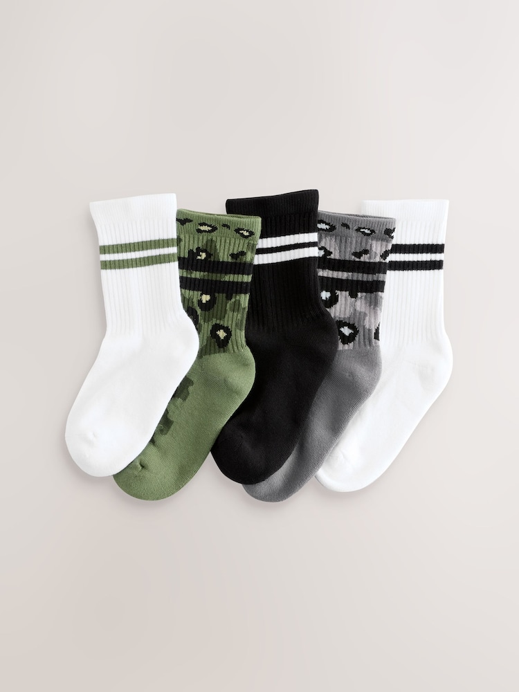 Khaki Camo Leopard Cushioned Footbed Cotton Rich Ribbed Tipped Socks 5 Pack - Image 1 of 3