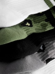 Khaki Camo Leopard Cushioned Footbed Cotton Rich Ribbed Tipped Socks 5 Pack - Image 2 of 3