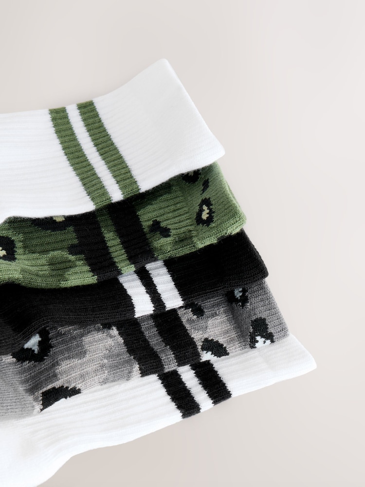 Khaki Camo Leopard Cushioned Footbed Cotton Rich Ribbed Tipped Socks 5 Pack - Image 3 of 3