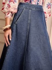 Love & Roses Indigo Blue Denim Fit and Flare Midi Skirt - Image 2 of 4