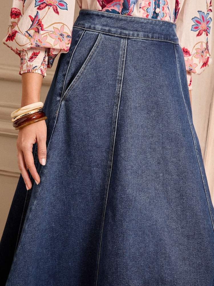 Love & Roses Indigo Blue Denim Fit and Flare Midi Skirt - Image 2 of 4
