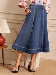 Love & Roses Indigo Blue Denim Fit and Flare Midi Skirt - Image 3 of 4