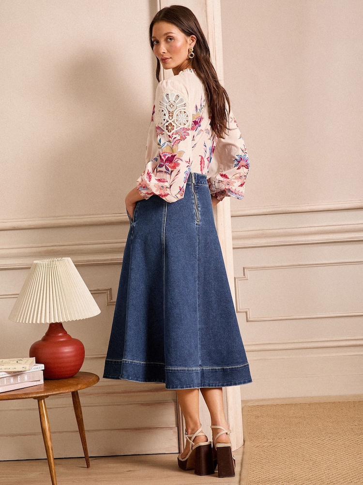 Love & Roses Indigo Blue Denim Fit and Flare Midi Skirt - Image 4 of 4