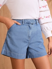 Love & Roses Mid Wash Blue Light Weight Extended Tab Tailored 100% Cotton Shorts - Image 1 of 4