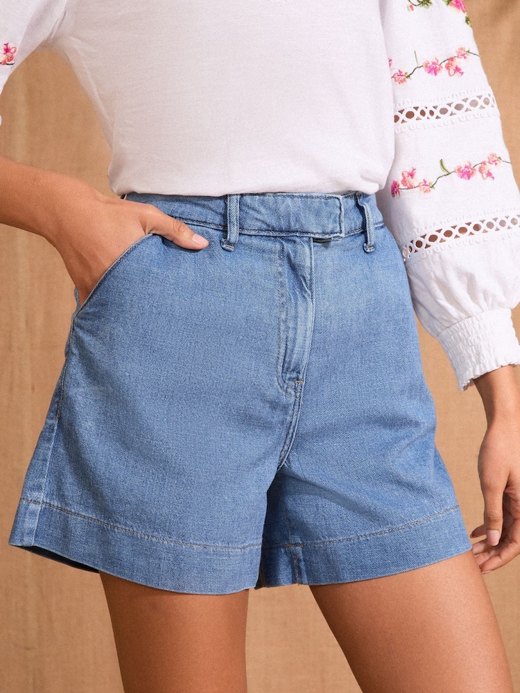 Love & Roses Mid Wash Blue Light Weight Extended Tab Tailored 100% Cotton Shorts - Image 1 of 4