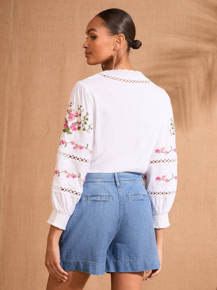 Love & Roses Mid Wash Blue Light Weight Extended Tab Tailored 100% Cotton Shorts - Image 2 of 4