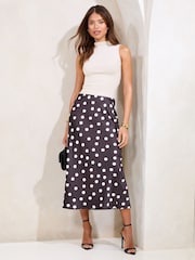 Lipsy Spot Print Petite Satin Bias Cut Midi Skirt - Image 1 of 4