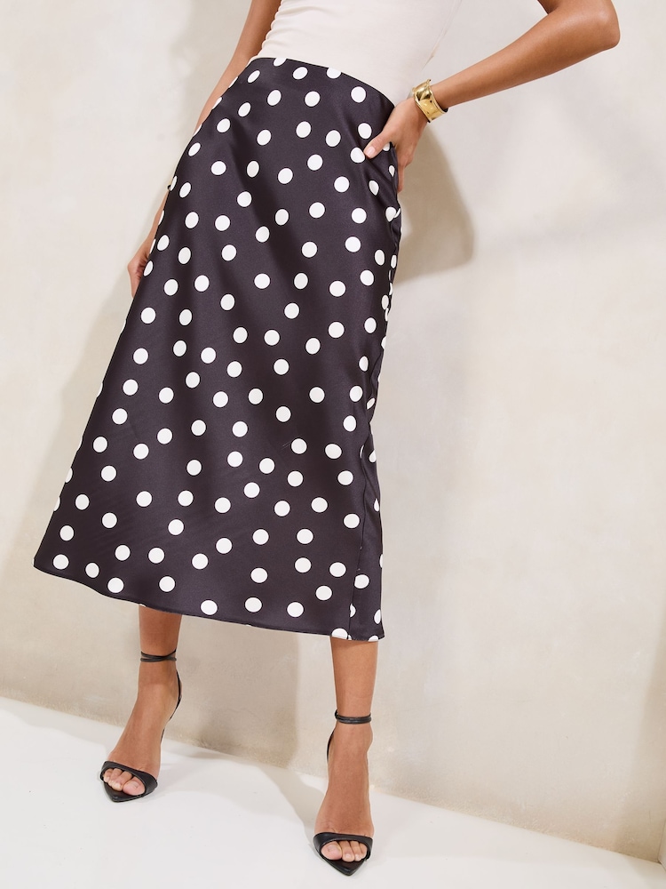 Lipsy Spot Print Petite Satin Bias Cut Midi Skirt - Image 2 of 4 Lipsy Spot Print Petite Satin Bias Cut Midi Skirt - Image 2 of 4