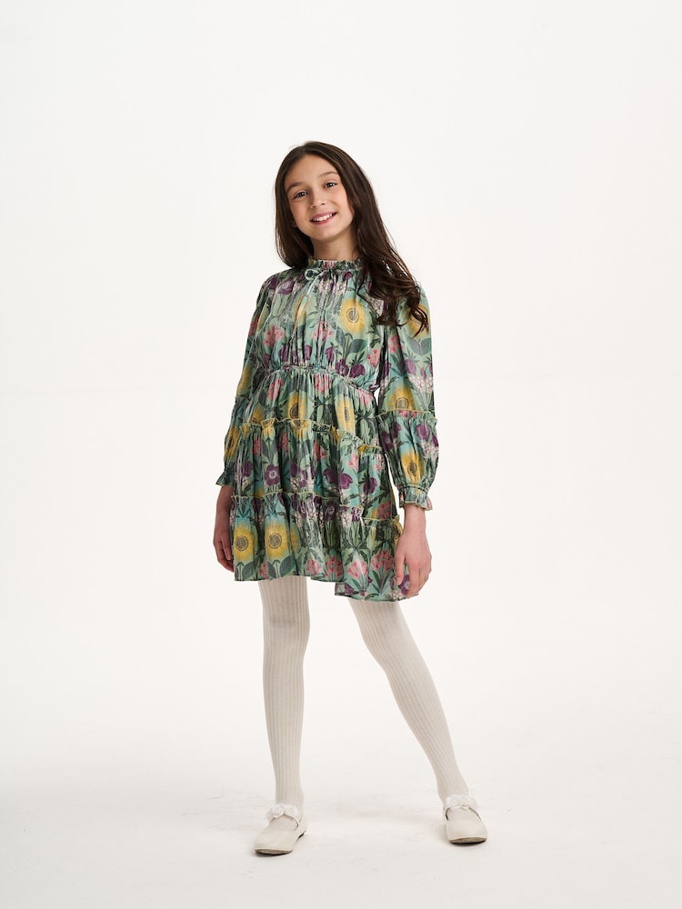 Nicole Miller Green Tiered Lace Trim Dress - Image 1 of 8